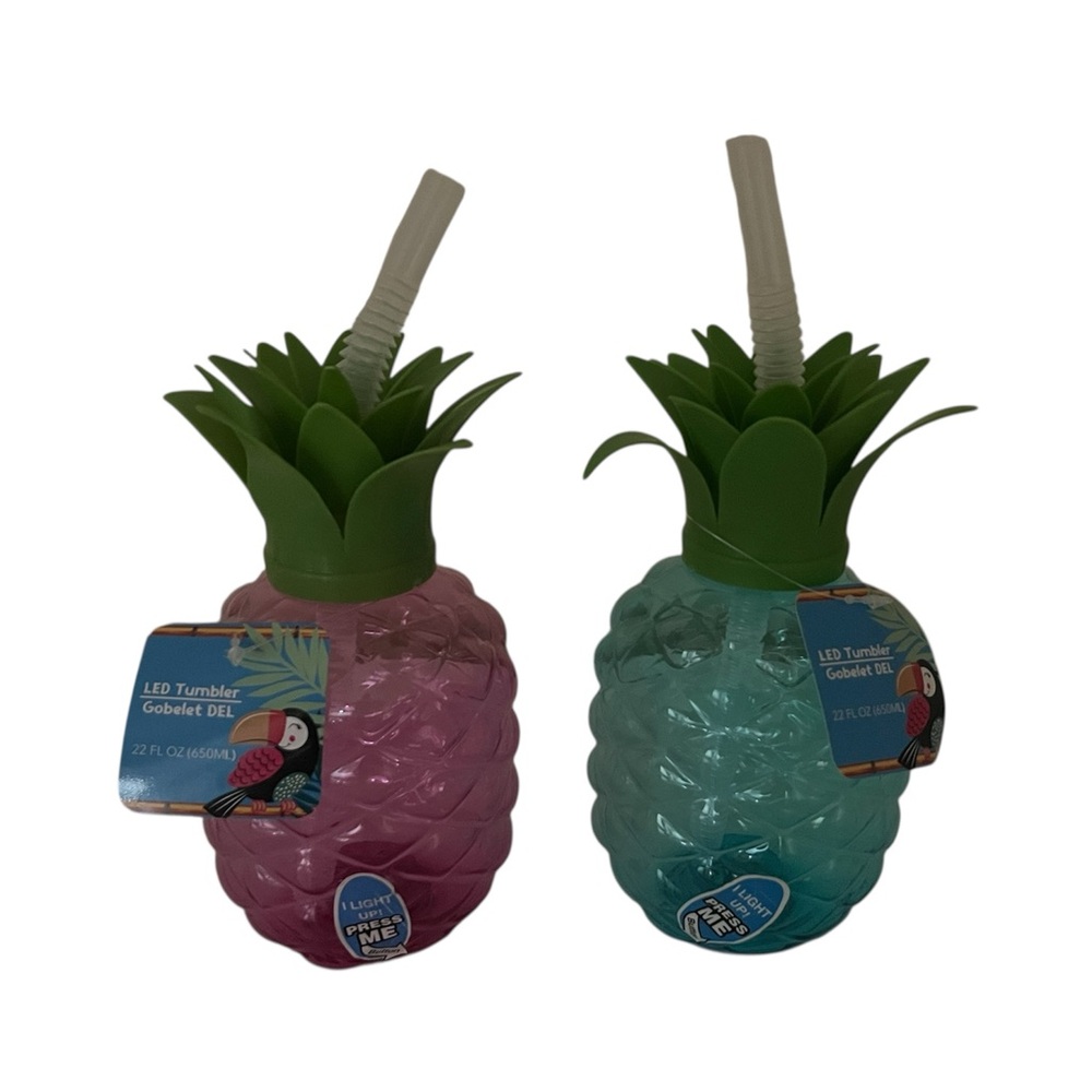 New 2 Pineapple Shaped 22oz Led Tumbler Drink Holder W Straw Party Pink & Blue